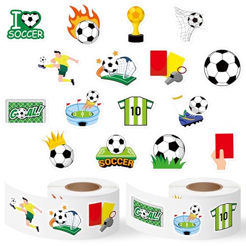 Haooryx Soccer Sport Stickers Rolls - 1000pcs Soccer Football Match Season Stickers Scrapbook Waterproof Vinyl Self Adhesive Water Bottle Laptop Page Activity Pad Summer Camp Birthday Party Favor - style: Soccer 2Roll
