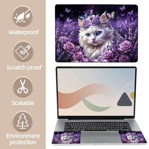 Universal Laptop Skin Sticker for 12/13/14/15.6 Inch Laptops, Reusable Vinyl Laptop Decal Cover, Waterproof Scratch Resistant Notebook Skin with 2 Wrist Pads,Flower Bed with Cute White Cat - color: Flower Bed with Cute White Cat
