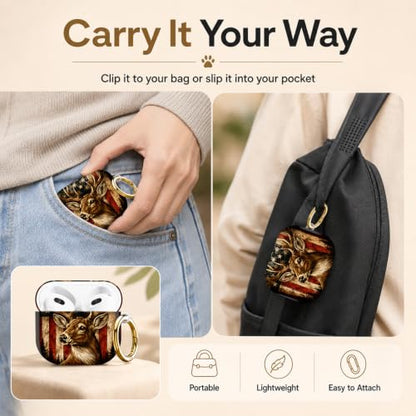 Compatible with AirPod 4 Case 2024, Cute Hard Plastic Protective Cover for Airpod 4th Generation Women, Shockproof Shell Skin with Gold Ring Keychain,American Flag Deer Forest - color: American Flag Deer Forest
