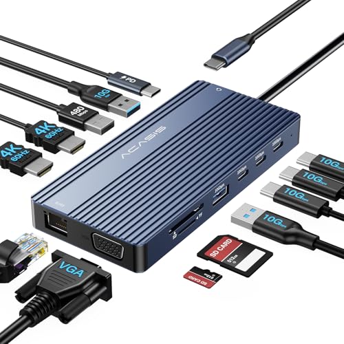 ACASIS USB C Docking Station Dual HDMI Monitor,14 in 1 Laptop Docking Station 3 Monitors, 2 * 4K HDMI+1080p VGA+100W PD+Ethernet+5*USB 3.1+SD/TF+Audio Adapter, USB C Hub for Dell/Lenovo/HP/ThinkPad - color: Grey