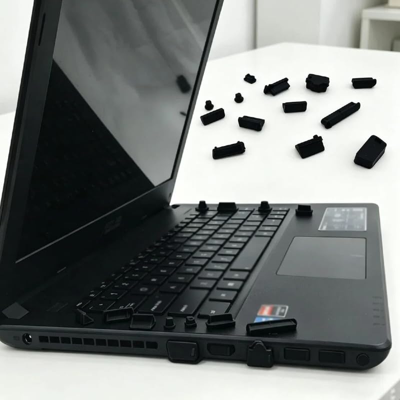 16 Pcs Laptop Dust Plug Set,Silicone USB Port Cover Protector Kit,Black | 16-Piece Set For RJ45 VGA USB Audio Power HDMI Ports,Soft Silicone,Matte Black,For Laptop And Desktop Port Protection