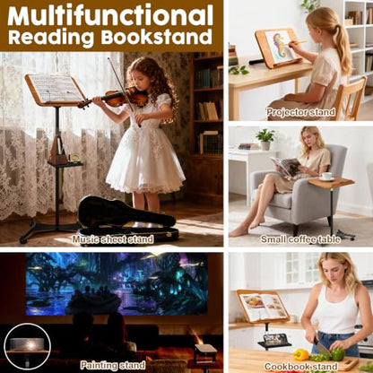 2 in 1 Dual-use Music Stand & Desktop Book Stand, Adjustable Height 16.5"-51", 100% Solid Wood Laptop Floor Stand Book Holder with Elastic Page Clips for Cookbooks (Brown with Tray and Wheels) - color: Brown With Tray and Wheels