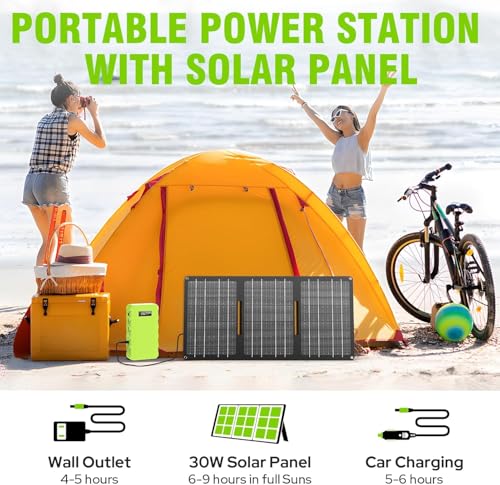 Powkey 24000mAh Portable Power Station with Panels Included 30W | Powkey 86Wh Solar Generator with AC Outlet 120V, Lithium Battery Rechargeable Powered Bank with 65W AC Outlet for Emergency - color: Green+black