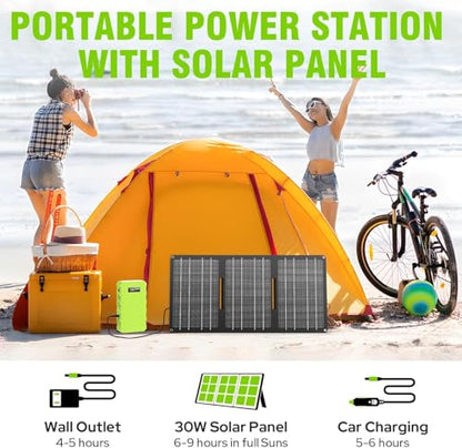 Powkey 24000mAh Portable Power Station with Panels Included 30W | Powkey 86Wh Solar Generator with AC Outlet 120V, Lithium Battery Rechargeable Powered Bank with 65W AC Outlet for Emergency - color: Green+black