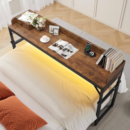 HOOBRO Overbed Table with Wheels, Rolling Table with Outlets & Light Strip for Queen Bed, Mobile Bed Desk & Drawer and Adjustable Height, Giant Computer Desk for Living Room, Rustic Brown BF180UDDN01 - color: Rustic Brown + Black, size: 70.9"L x 15.3"W x
