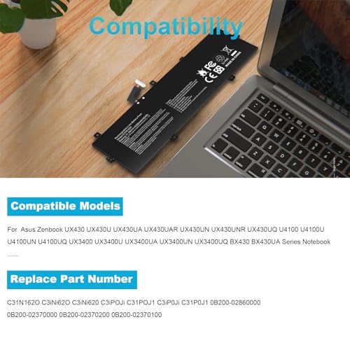 Futurebatt C31N1620 Laptop Battery Replacement for Asus Zenbook U4100 U4100U U4100UQ UX430U UX430U UX430UQ UX3400 UX3400U UX430UQ-GV015T Series 0B200-02370000 C31POJH BX430 BX430UA - size: C31N1620 12.1 4.9 0.7 in