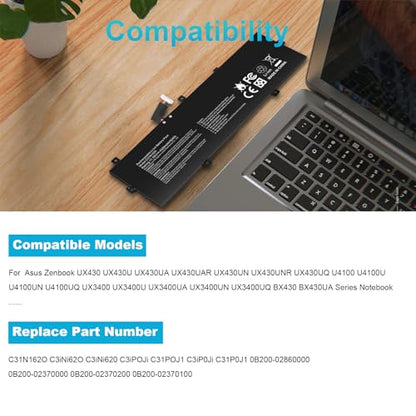 Futurebatt C31N1620 Laptop Battery Replacement for Asus Zenbook U4100 U4100U U4100UQ UX430U UX430U UX430UQ UX3400 UX3400U UX430UQ-GV015T Series 0B200-02370000 C31POJH BX430 BX430UA - size: C31N1620 12.1 4.9 0.7 in