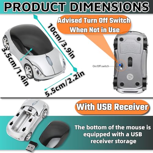 Silver Car Mouse，1600DPI 2.4G with USB Reciver Computer Mice for Computer Wireless Computer Mouse Wireless Cute Wireless Mouse for Laptop Tablet for Windows Mac OS（Silver） - color: Silver