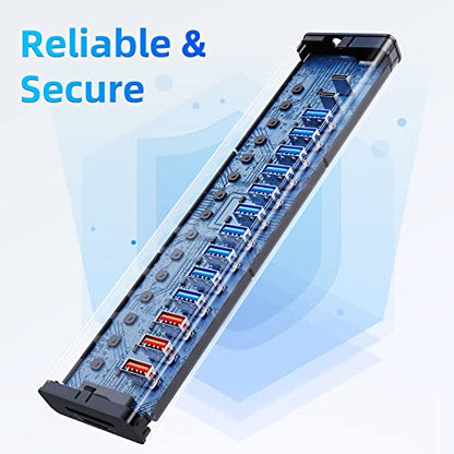 Powered USB Hub 10Gbps, 17 Ports USB 3.2 Hub, 96W Power Adapter | 10 USB-A 3.2, 3 QC 24W Fast Charging, 2 USB-C 3.2, SD/TF, 12V/8A Power Adapter for Laptop, PC, Computer, HDD, Flash Drive - color: Gray