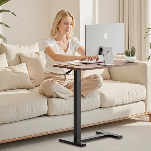 Adjustable Overbed Bedside Table with Wheels, Rolling Laptop Table, Pneumatic Adjustable Hospital & Home Use Bed Table, Mobile Standing Desk, Brown - color: Brown, style: Non-Tiltable