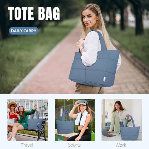 NOL Large Puffy Quilted Tote Bag for Women, Lightweight with Removable Strap & Zippered Compartments for Travel & Work - color: Dusty Blue