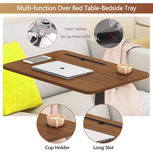 BeGyoku Overbed Table,Over The Bed Table with Hidden Wheels&Cup Holder,Adjustable Bedside Table and Rolling Table Tray&Laptop Cart,Hospital Table Over Bed for Home Use (Walnut) - color: Walnut