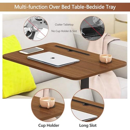 BeGyoku Overbed Table,Over The Bed Table with Hidden Wheels&Cup Holder,Adjustable Bedside Table and Rolling Table Tray&Laptop Cart,Hospital Table Over Bed for Home Use (Walnut) - color: Walnut