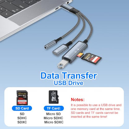 USB-C to 3.5mm Headphone Adapter,3 in 1 USB C Charging Port Splitter,OTG Adapter,TF/SD Card Reader,USB C to Audio Jack Adapter for iPhone15 16 17,Android,iPad,Laptop,Slivery