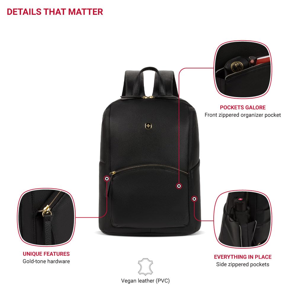 SwissGear Serenity Luxe Women's Laptop Backpack, Laptop Bag Fits Most 13-Inch Laptops, Black, 16 Inches - color: Black