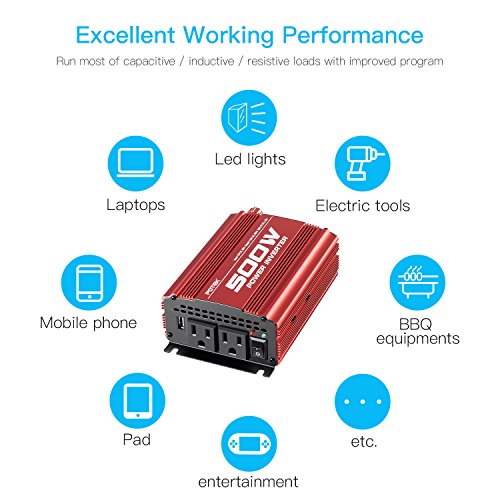 POTEK 500W Car Power Inverter DC 12V to AC 110V with 2AC outlets and 2A USB Port - size: 500W