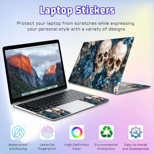 Universal Laptop Skin Sticker Decal, Compatible with MacBook HP Dell Lenovo 12"-15.6", Reusable Vinyl Notebook Cover 3PCS Set, High-Recognition Film-Skull in Blue Flowers - color: Skull in Blue Flowers