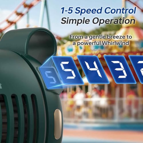 360° Rotatable Clip-On Fan, Quiet Portable Personal Fan with LED Speed Display, 5 Adjustable Wind Levels from Gentle Breeze to Strong Airflow for Outdoor & Office - color: green