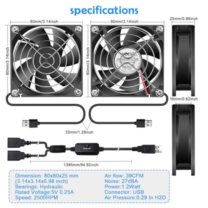 Mini 80mm USB Computer PC Case Cooling 5V Powered Fan (Quiet), Cabinet Cooler Fan with Speed Controller（2 in1 Pack） - style: 2 in 1-8025-USB