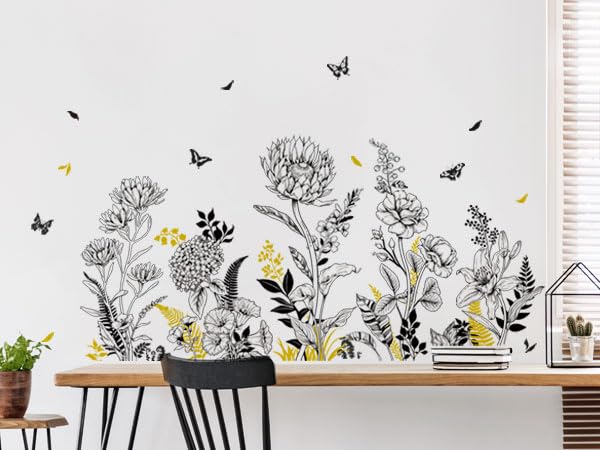 Black Yellow Flower Wall Decals, 3 Sheets Sketch Garden Floral Wall Stickers Simple Line Wildflower Grass Butterflies Art Decor Bedroom Bathroom Hallway Sofa Gifts for Mom(11.8x35.4 in/Sheet) - style: Black Yellow Flower Set