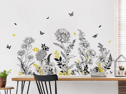 Black Yellow Flower Wall Decals, 3 Sheets Sketch Garden Floral Wall Stickers Simple Line Wildflower Grass Butterflies Art Decor Bedroom Bathroom Hallway Sofa Gifts for Mom(11.8x35.4 in/Sheet) - style: Black Yellow Flower Set