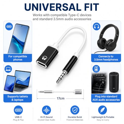 USB C to 3.5mm Analog Audio Adapter, Pure Analog Signal Headphone Converter with Noise Cancellation for Type-C Devices (Black)