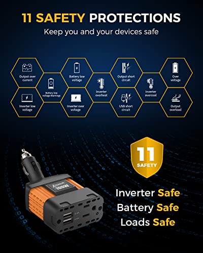 100W Car Power Inverter, 12V DC to 110V AC, Cigarette Lighter Plug | 200W Surge Peak, 1 AC Outlet, Dual USB 4.8A, 11 Protections, Rotating Head, for iPhone iPad Laptop - color: 100W Car Inverter