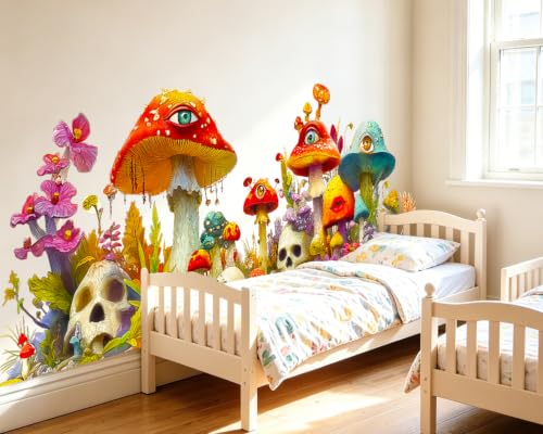 Trippy Mushroom Wall Decal Psychedelic Skull Floral Border Decor Sticker | Hippie Skull Wall Stickers, Peel and Stick Removable Flowers Vinyl Home Decor Art for Bedroom Living Room Classroom Office - style: Mushroom#3