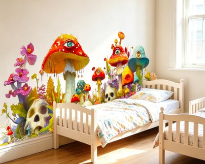 Trippy Mushroom Wall Decal Psychedelic Skull Floral Border Decor Sticker | Hippie Skull Wall Stickers, Peel and Stick Removable Flowers Vinyl Home Decor Art for Bedroom Living Room Classroom Office - style: Mushroom#3