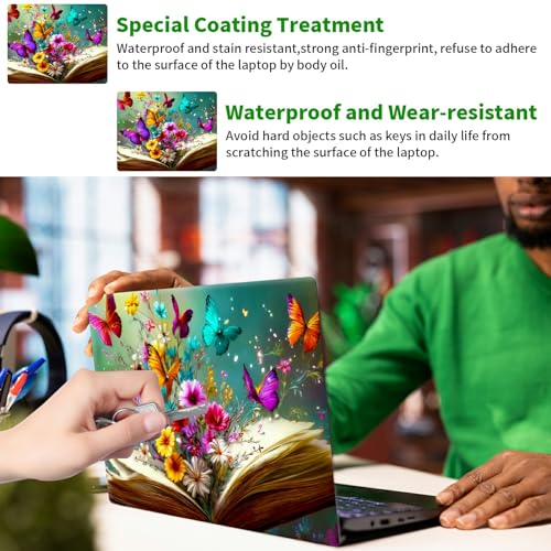 Laptop Skin Sticker Decal, Universal Protective Cover Fit 12 13 14 15.6 Inch Notebook, Reusable Water-Resistant Vinyl Decal w/ 2 Wrist Pads for Business Travel, Books Flowers Butterflies - color: Books Flowers Butterflies