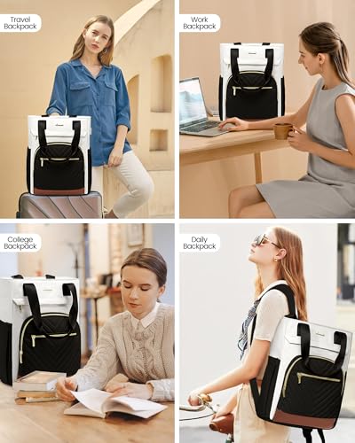 LOVEVOOK Laptop Backpack for Women, 15.6 Inch Work Laptop Bag Teacher Nurse Backpack, Wide Open Travel Tote Backpack Purse Business Computer Daypack - color: Beige&black-a