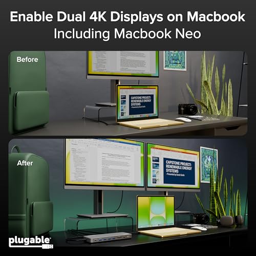 Plugable USB C Laptop Docking Station, Dual Monitor 4K 60Hz for Apple Mac M1/M2/M3/M4/M5,Neo 2X HDMI or DisplayPort for MacBook, 100W Charging DisplayLink Dock, Driver Install Required (UD-6950PDH)