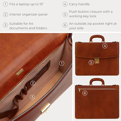 Time Resistance Leather Briefcase - Italian Handmade Leather Laptop Bag - Handbag for Men - Professional Computer Case - color: Cognac Brown