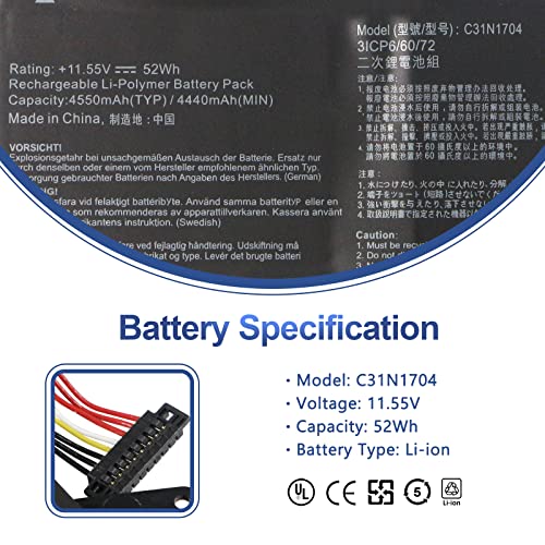 C31N1704 Laptop Battery Compatible with ASUS ZenBook Flip 15 Q535U UX561UD | Q535U Q535UD Q535UD-BI7T11 Series Notebook 0B200-02650000 3ICP6/60/72 11.55V 52Wh 4550mAh 3-Cell
