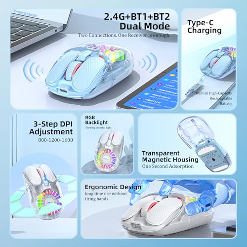 Wireless Bluetooth Mouse, Transparent BT+2.4G Dual-Mode Gaming Mouse with Magnetic Top Cover, Rechargeable RGB Backlit Computer Mouse for Laptop, PC, MacBook, iPad (Blue) - color: Blue
