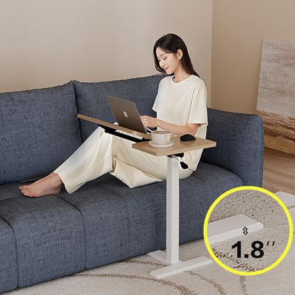 Adjustable Overbed Bedside Table with Wheels Pneumatic Mobile Standing Laptop Desk Rolling Computer Cart Movable Couch Desk Hospital Bed Table, Natural Wood