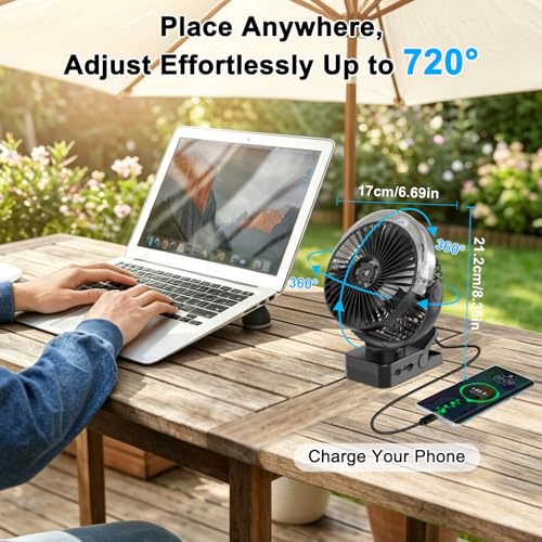 ELZO 12000mAh Clip on Fan, USB Desk Fan Rechargeable with Spray function | Hanging Hook & Magnetic & LED Light, Clip Fan Quiet 360° Rotation Portable for Desktop Stroller Office Tent Car RV