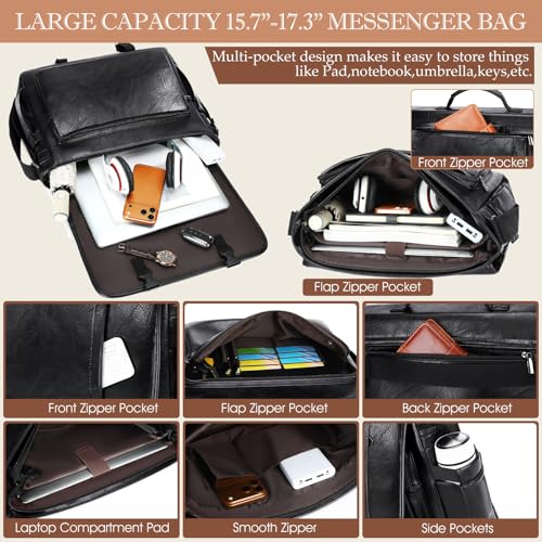 Messenger Bag for Men: Laptop Bag PU Leather Work Briefcase Large Carry On Computer for Office College Travel - color: Pu Black