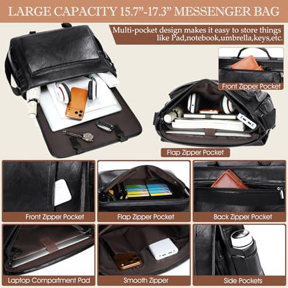 Messenger Bag for Men: Laptop Bag PU Leather Work Briefcase Large Carry On Computer for Office College Travel - color: Pu Black