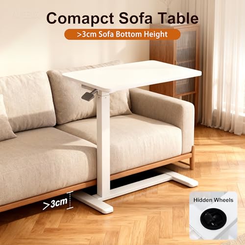 Overbed Table with Pneumatic Height Adjustment, Hidden Casters Rolling Bedside Table, Hospital Bed Table Mobile Laptop Standing Desk for Hospital Home Use, White