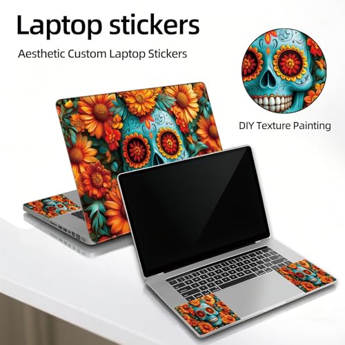 Universal Laptop Skin Sticker Decal, 12"-15.6" Aesthetic Vinyl Wrap, Teal Sugar Skull Flowers Waterproof Notebook Cover Art Protector for MacBook HP Dell Lenovo, Fits 13" 14" 15" 15.6" - color: Teal Sugar Skull Flowers