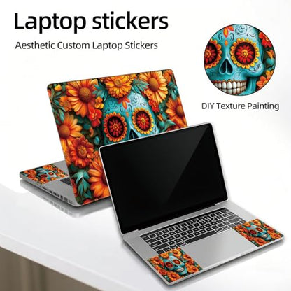 Universal Laptop Skin Sticker Decal, 12"-15.6" Aesthetic Vinyl Wrap, Teal Sugar Skull Flowers Waterproof Notebook Cover Art Protector for MacBook HP Dell Lenovo, Fits 13" 14" 15" 15.6" - color: Teal Sugar Skull Flowers