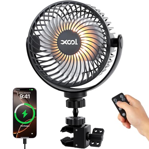 XOOL 12000mAh Rechargeable Clip Car Fan, 6-Inch Battery Operated Car Fan with 3 Speeds & 3 Brightness LED Light, Portable Cooling Fan with Sturdy Clamp for SUV, RV, Golf Cart, Camping - size: Rechargeable Clip Fan - Power Bank