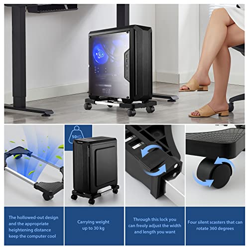 Computer Tower Stand,Hmseng Adjustable Mobile CPU Stand with 4 Rolling Caster Wheels, PC Tower Stand Fits Most PC Under Desk-Black - color: Black