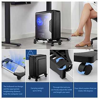 Computer Tower Stand,Hmseng Adjustable Mobile CPU Stand with 4 Rolling Caster Wheels, PC Tower Stand Fits Most PC Under Desk-Black - color: Black