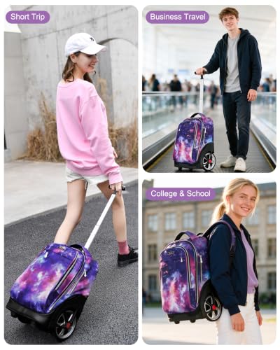 NEW TILAMI 19 Inch Rolling Backpack with Lunch Bag School Stair-Climbing | Stair-Climbing Teen Boys Girls Carry-on Suitcase Large Compartment 15.6 Laptop Sleeve Adjustable Handle Roller Travel Bag - color: Purple Starry