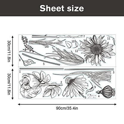 Black Simple Flower Plant Wall Decals, 2 Sheets Large Boho Floral Modern Wall Stickers Peel Stick Sketch Wildflower Wallpaper Art Decor for Bedroom Living Room Office Gifts for Mom(11.8x35.4 in/Sheet) - style: Black Simple Flower Set