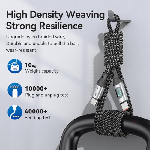 USB C to USB C Cable 100W with Real Time LED Display PD Fast Charging USB C Cable Braided 6.6ft for iPhone 16/15/15 Pro/15 Plus/15 Pro Max,iPad Air Pro,MacBook Pro,Galaxy S24/S24+/S23 (Grey)