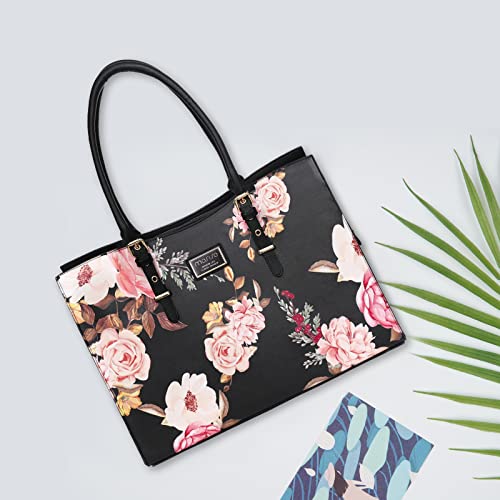 MOSISO Laptop Tote Bag for Women, 15-16 inch Laptop Bag | Compatible with MacBook Air 15/Pro 16, Peony Waterproof PU Leather Work Tote Briefcase with Adjustable PU Handle, Black - size: 16 inch