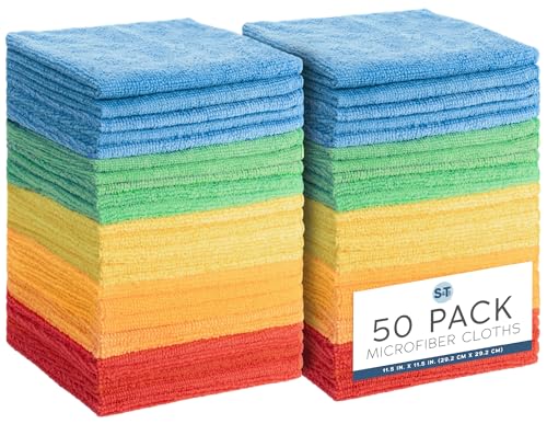 S&T INC. Microfiber Cleaning Cloth, 50 Pack, 11.5" x 11.5" | Bulk Cleaning Cloth for Home and Car, Reusable and Multi-Purpose Cleaning Rags for Business, Machine Washable - size: 50 Pack